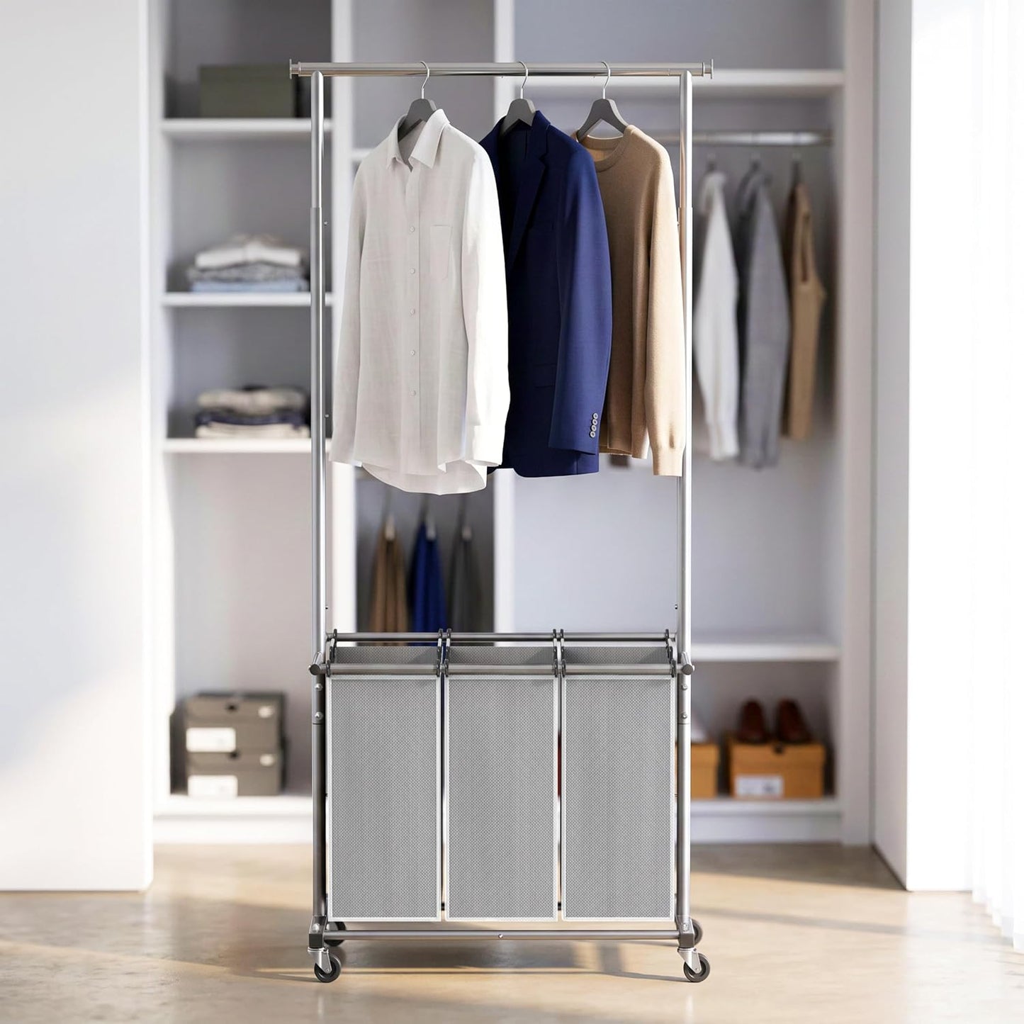 Simple Houseware Laundry Sorter Cart with Hanging Rod, Silver | Extendable Width from 30.25 to 49.25", Removable 3-Section Laundry Basket