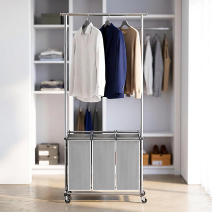 Simple Houseware Laundry Sorter Cart with Hanging Rod, Silver | Extendable Width from 30.25 to 49.25", Removable 3-Section Laundry Basket