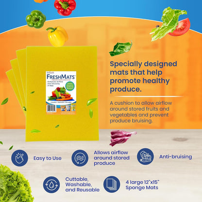 Bluapple FreshMats - Refrigerator Bin Liners, Fridge Drawer Mats - Keeps Produce Fresh Longer, Prevents Bruising, Promotes Air Circulation - BPA-Free Polyurethane Foam - (4-Piece Set, 12"x15", Green)