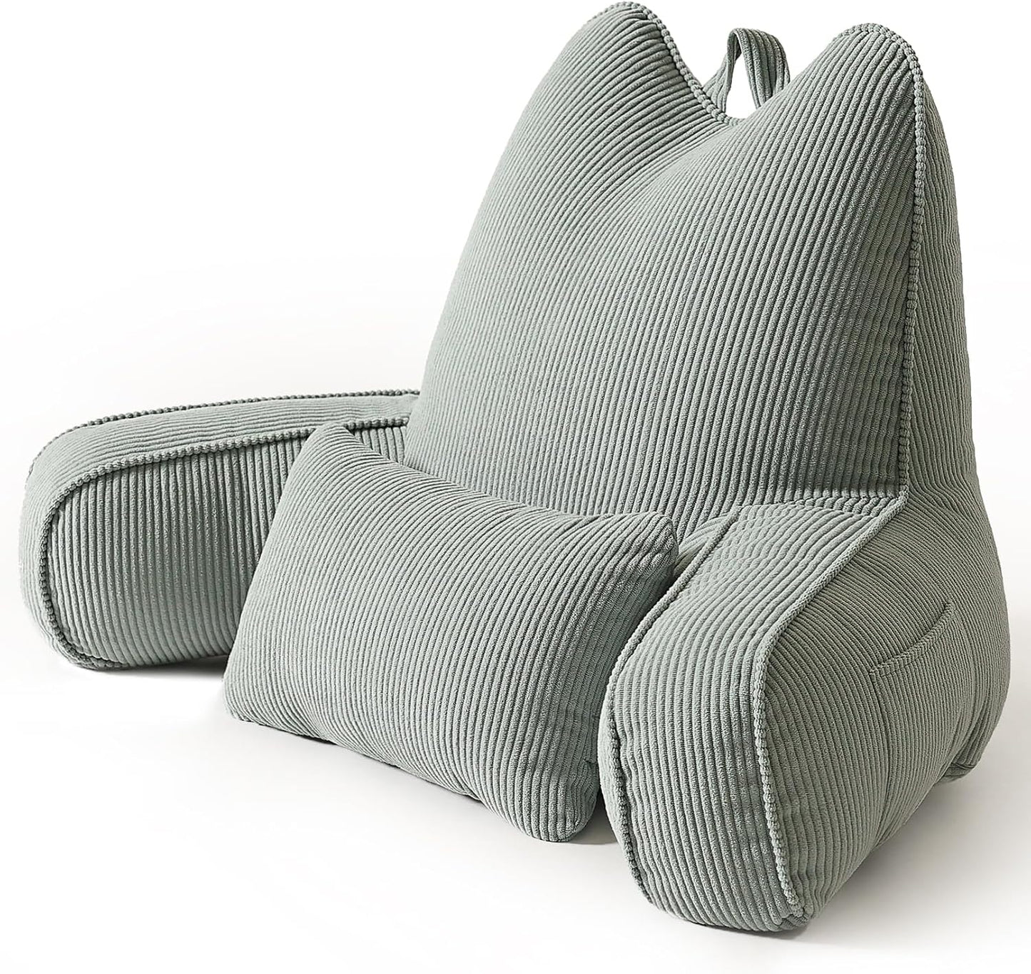 Patented Design Reading Pillow with Arms for Sitting Up, 2-in-1 Bed Rest Pillow with Detachable Lumbar Support, Backrest Support Cushion for Couch with Side Pockets & Handle, Beige Gray
