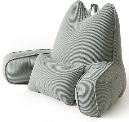 Patented Design Reading Pillow with Arms for Sitting Up, 2-in-1 Bed Rest Pillow with Detachable Lumbar Support, Backrest Support Cushion for Couch with Side Pockets & Handle, Beige Gray