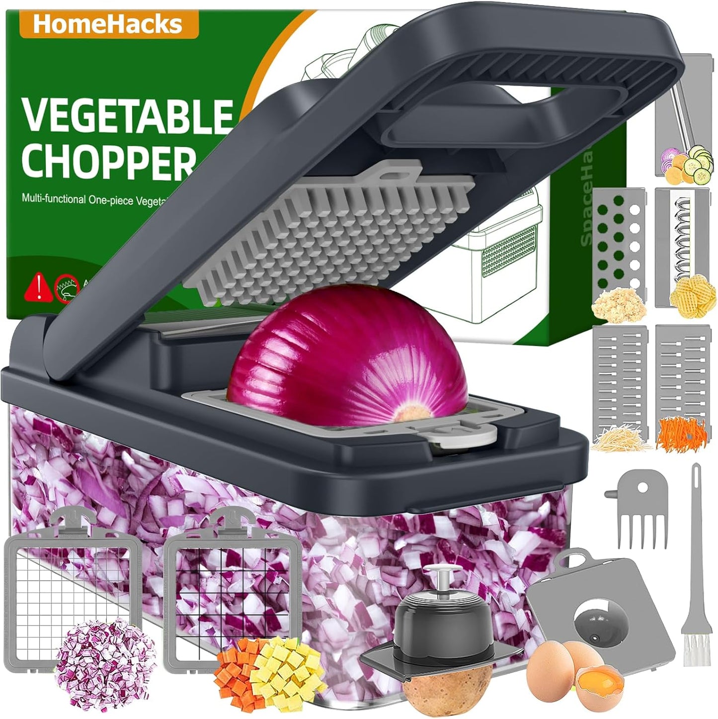 HomeHacks Vegetable Chopper Vegetable Cutter, 12 in 1 Kitchen Gadget, Dicer, Slicer, Onion Cutter, Salad, Cheese Grater & Egg Separator - Multi-Functional Veggie Chopper Lid with Handle (Green)