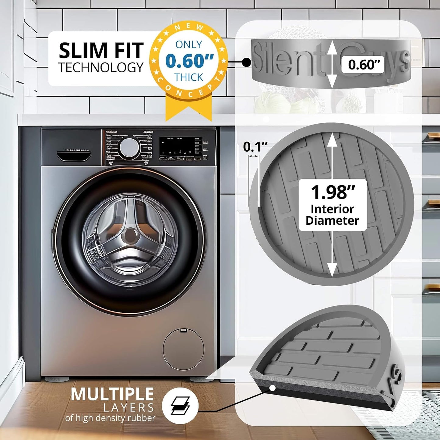 Slim Fit Grey Anti Vibration Pads for Washing Machine, 4 Pack | Only 0.60in thick, fits feet up to 1.98in. Works as washer & dryer leveling pads or stabilizer mat, multi-layer rubber