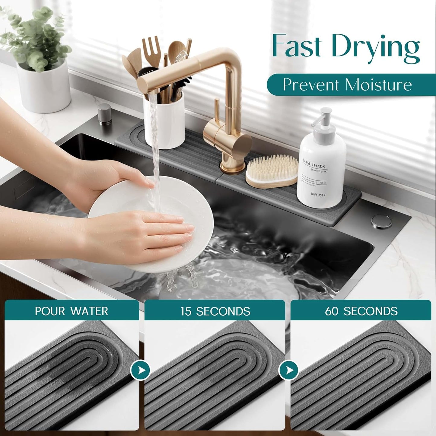 Stone Faucet Mat for Kitchen Sink – Diatomite Drying Stone Mat & Sink Protector, Prevents Moisture – Sink Splash Guard Water-Absorbing Stone Tray for Bathroom Counter (Light Grey, 20" x 3.9")