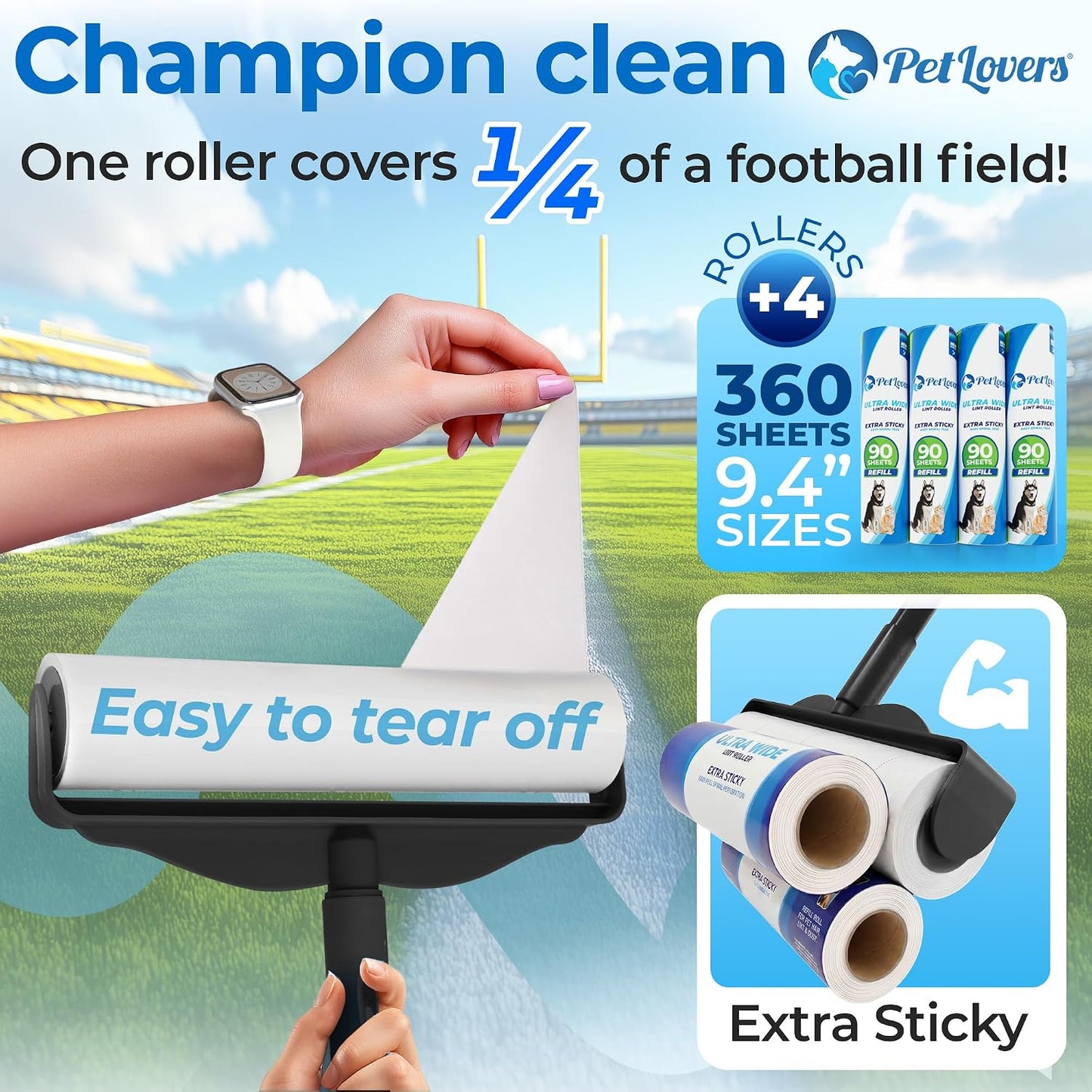 PetLovers Extra Sticky Lint Roller Mega Value Set 450 Sheets for Pet Hair Removal and Clothes, Dog and Cat Lint Remover 5 Pack
