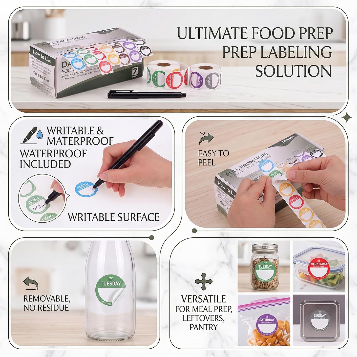 7000 Pcs Removable Day Label with Marker, 7 Colors, 1 inch - Peel Tab Waterproof Freezer Safe Food Labels (Mon-Sun) for Meal Prep and Restaurant Kitchen