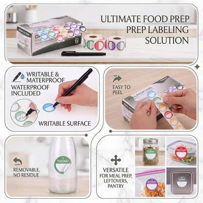 7000 Pcs Removable Day Label with Marker, 7 Colors, 1 inch - Peel Tab Waterproof Freezer Safe Food Labels (Mon-Sun) for Meal Prep and Restaurant Kitchen