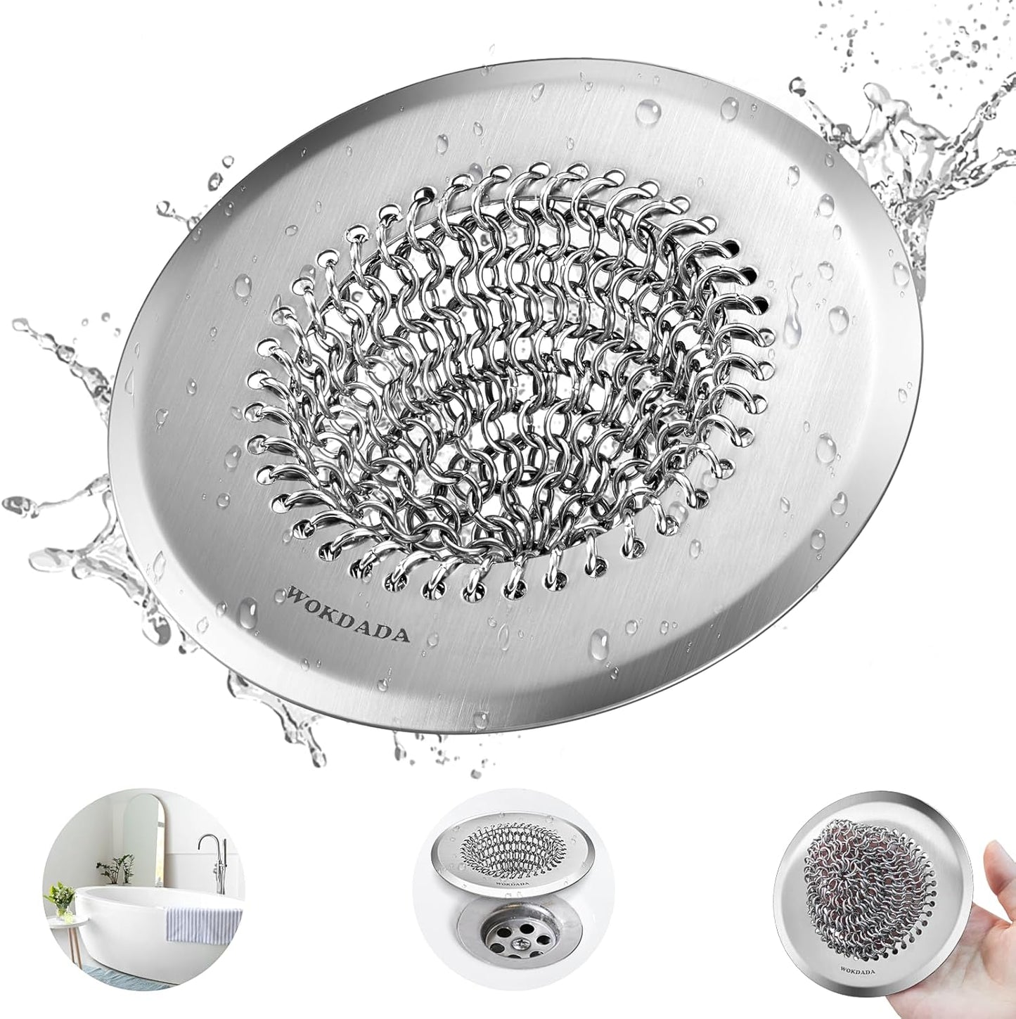 Shower Drain Hair Catcher, Patented Bathtub Drain Cover, Anti-Clog | Reversible Flip Clean, Fast Drainage, Anti-Slip Base, 304 Stainless Steel Chain Mail Mesh, 4.4" for Bathtub & Shower Drains
