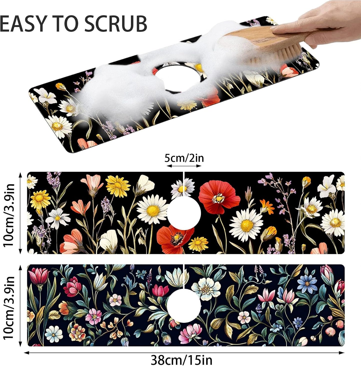 Bimkole 2 PCS Faucet Absorbent Mat, Kitchen Faucet Sink Splash Guard Wraparound Cloth Pads Drip Catcher for Sink Faucet for Kitchen Bathroom Faucet, Colorful Faucet Mat, 15 x 4 Inch Flower A6