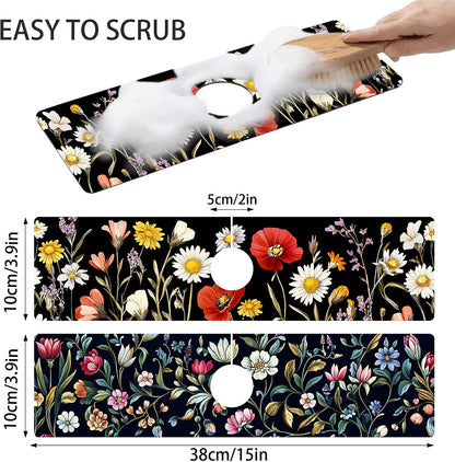 Bimkole 2 PCS Faucet Absorbent Mat, Kitchen Faucet Sink Splash Guard Wraparound Cloth Pads Drip Catcher for Sink Faucet for Kitchen Bathroom Faucet, Colorful Faucet Mat, 15 x 4 Inch Flower A6
