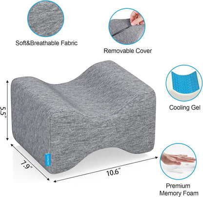 Knee Pillow for Side Sleepers, Leg Pillow with Cooling Gel, Grey/Large | Memory Foam Elevation Pillow for Spine Aligning, Sciatica, Back, Hip, Knee, Ankle Pain