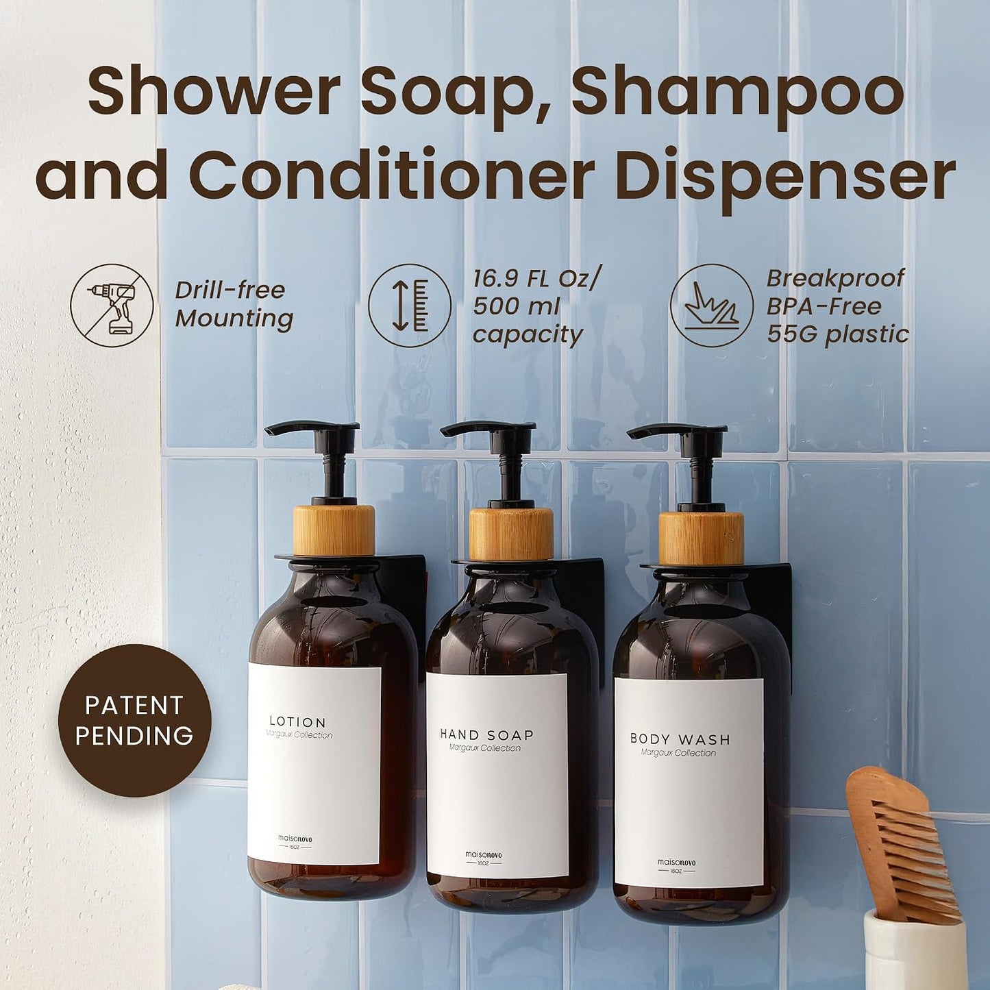 MaisoNovo Shampoo and Conditioner Dispenser|Refillable Black Set of 3 | 500 ml Shower Gel Dispenser Set of 3. Refillable Shampoo and Conditioner Bottles. Drill Free Secure Design. Black