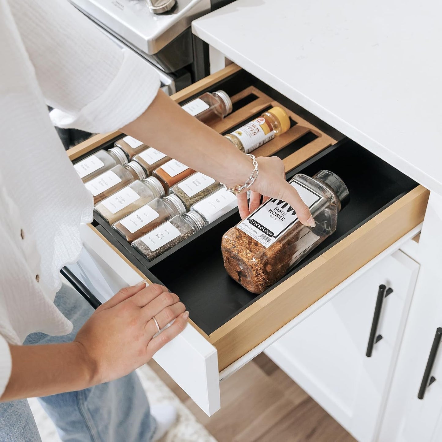 Expandable Spice Drawer Organizer, Bamboo | Holds up to 15 spice jars (not included), non-slip feet, 100% sustainable bamboo wood