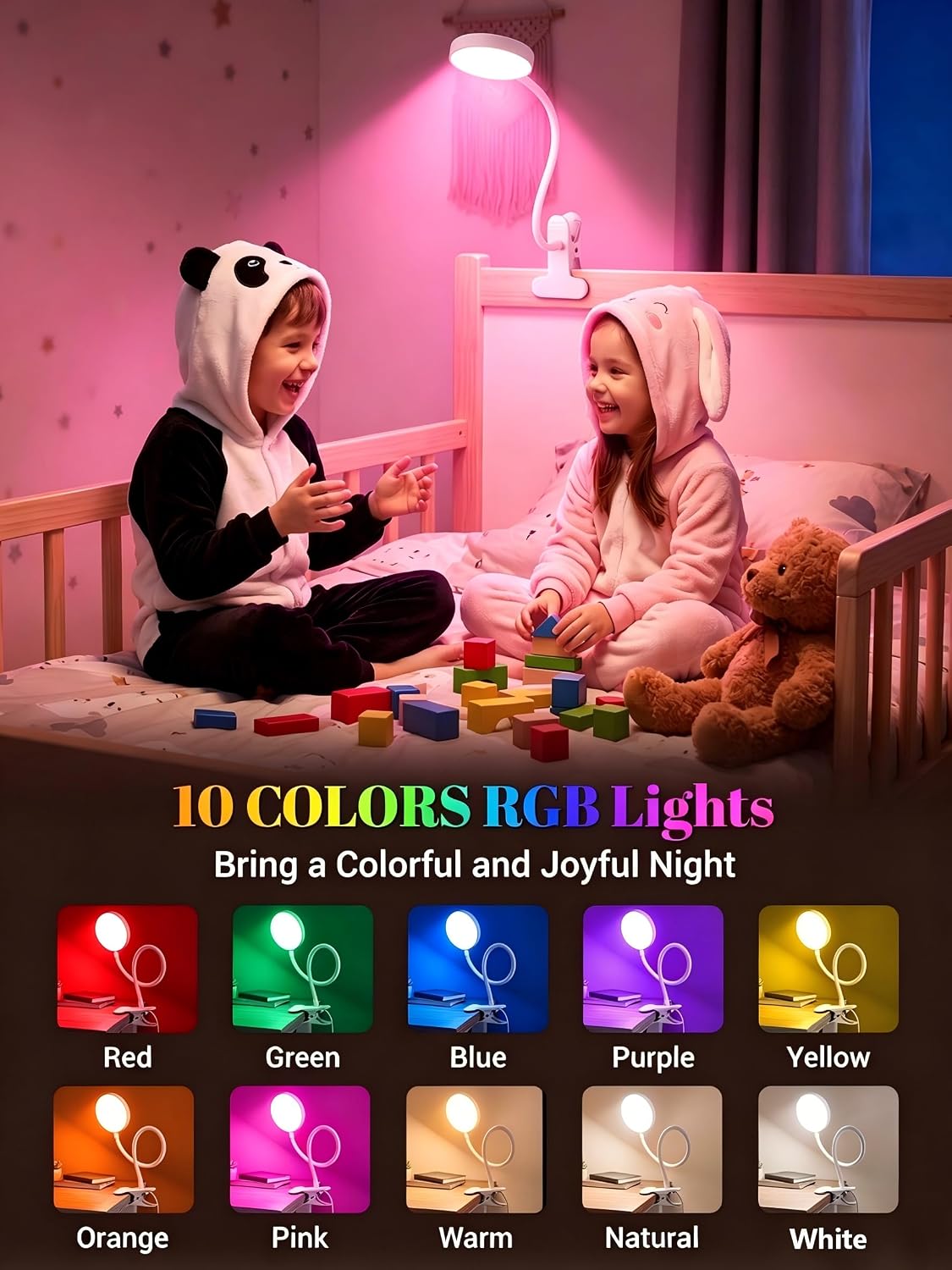 Clip on Lamp,10 RGB Colors+10 Brightness Bright Desk Lamp with Clamp Light | 500 Lumen Eye Care 72 LED Desk Light with USB Adapter,Clip on Reading Light for Bed/Headboard/Bedside Table/Bedroom/Dorm Lamp