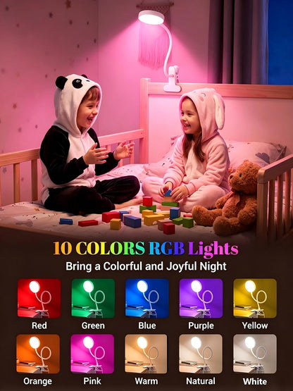 Clip on Lamp,10 RGB Colors+10 Brightness Bright Desk Lamp with Clamp Light | 500 Lumen Eye Care 72 LED Desk Light with USB Adapter,Clip on Reading Light for Bed/Headboard/Bedside Table/Bedroom/Dorm Lamp