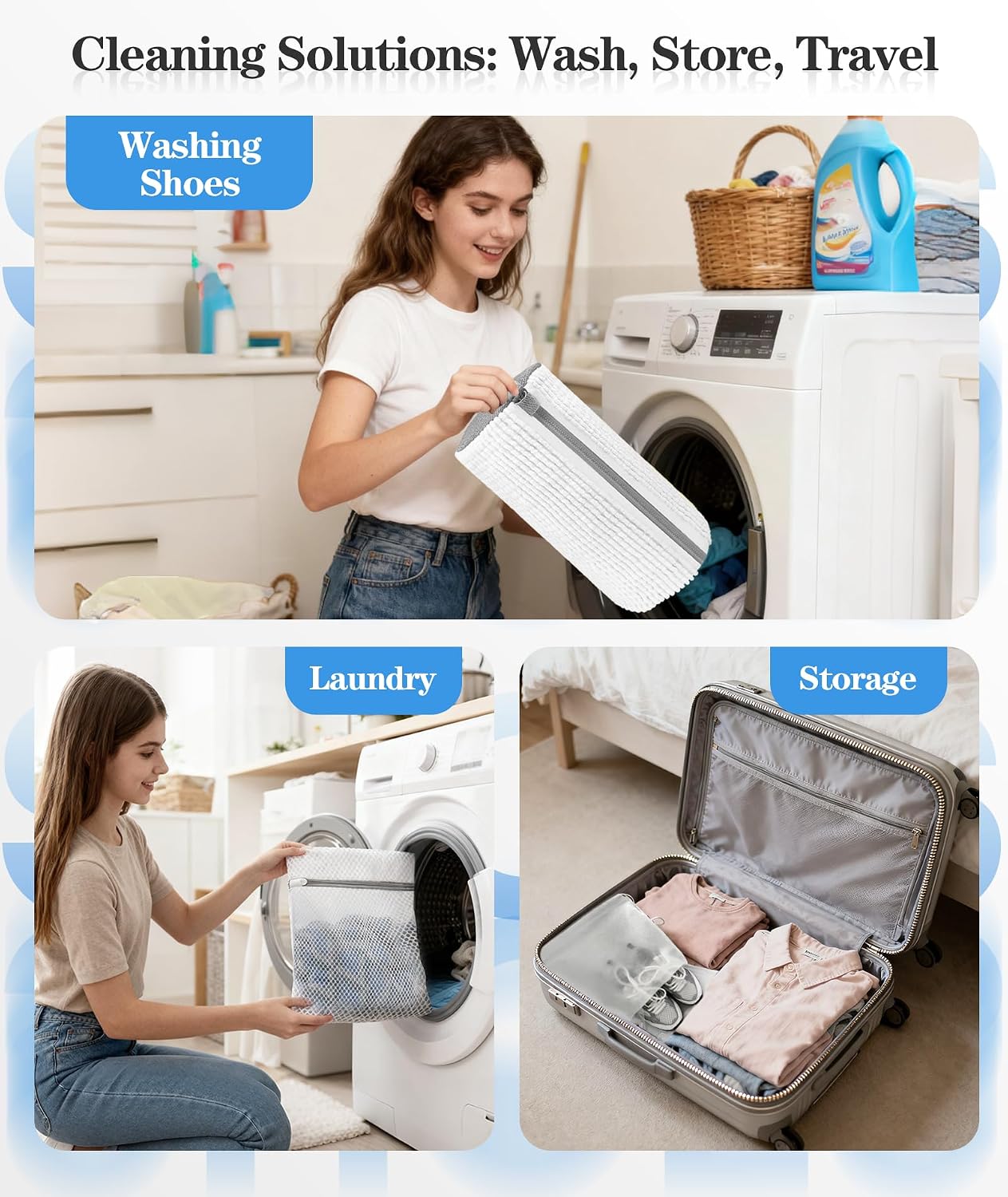 3-IN-1 Laundry & Shoe Washing Machine Bag : Laundry Shoe Bag for Washer & Dryer,Shoe Cleaning Bag for Sneakers,Tennis,Self-locking Zipper & Microfiber,Include 3 Laundry Bag & 2 Shoe Bag