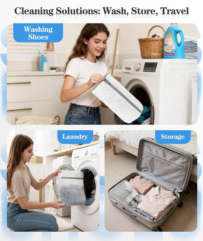 3-IN-1 Laundry & Shoe Washing Machine Bag : Laundry Shoe Bag for Washer & Dryer,Shoe Cleaning Bag for Sneakers,Tennis,Self-locking Zipper & Microfiber,Include 3 Laundry Bag & 2 Shoe Bag