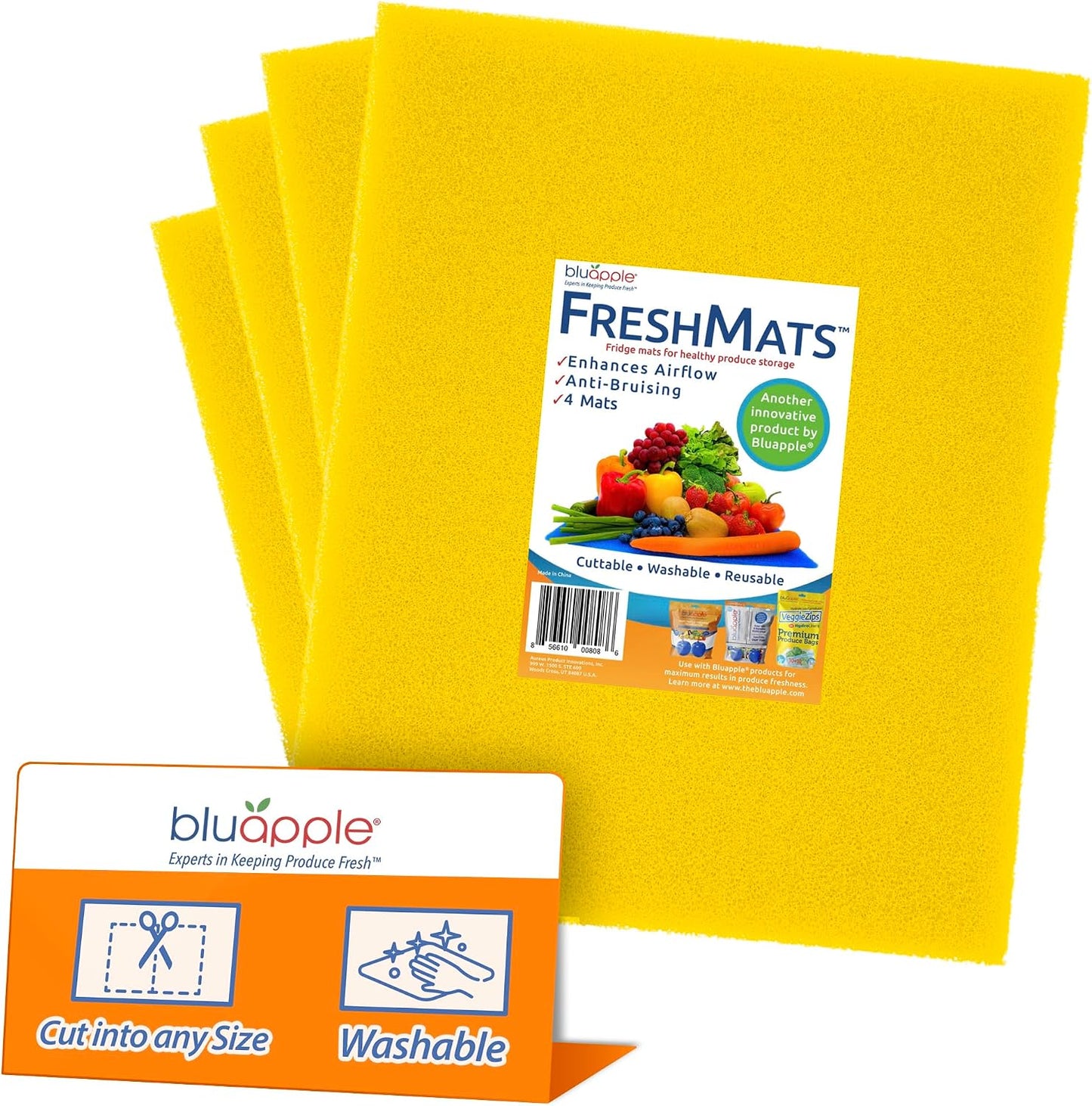 Bluapple FreshMats - Refrigerator Bin Liners, Fridge Drawer Mats - Keeps Produce Fresh Longer, Prevents Bruising, Promotes Air Circulation - BPA-Free Polyurethane Foam - (4-Piece Set, 12"x15", Green)