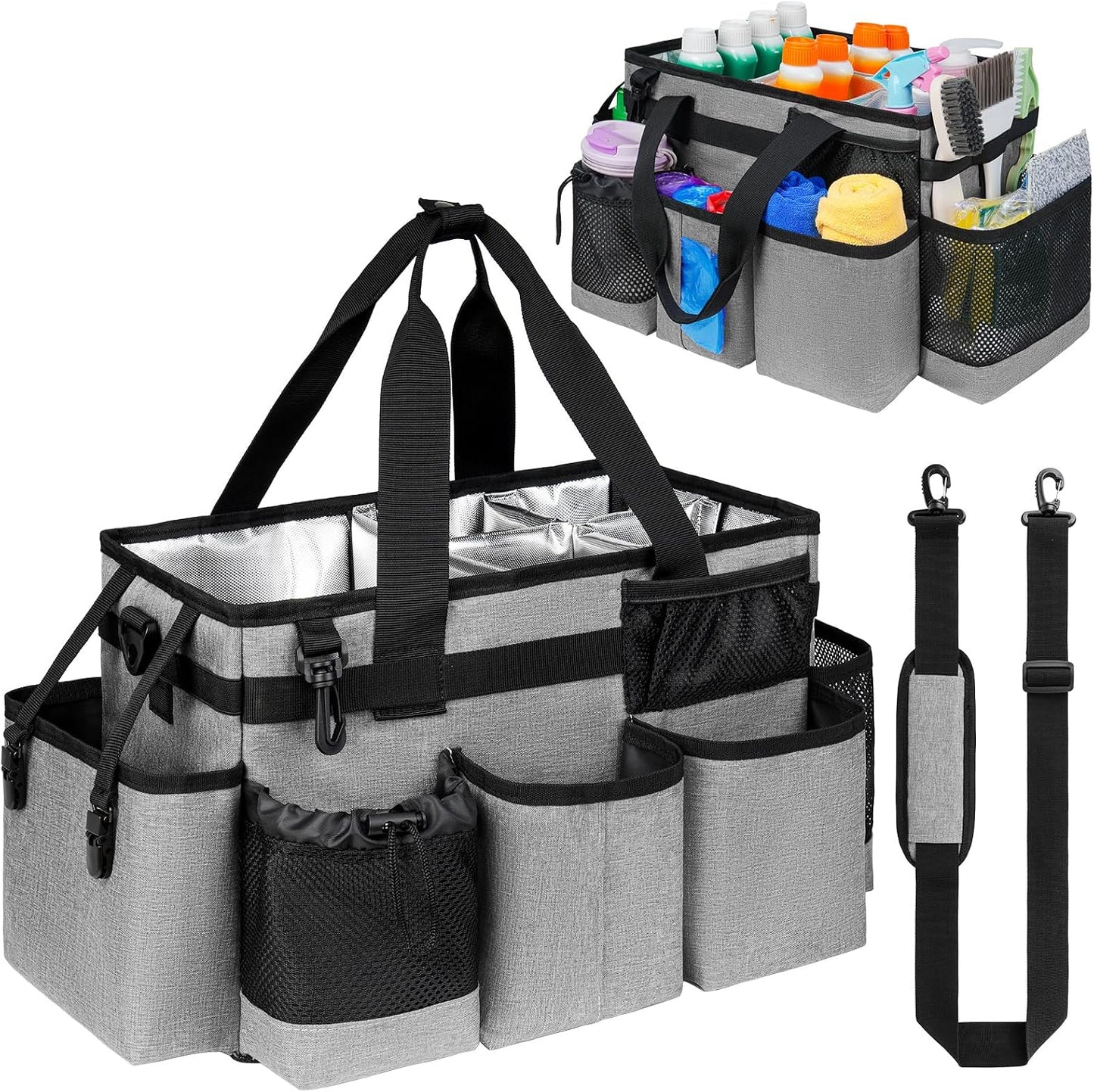 Cleaning Caddy Bag, Extra Large Cleaning Supply Bag for Housekeepers,Black | Sturdy Cleaning Caddy Organizer for Cleaning Supplies with Handle and Adjustable Shouder Strap, Easy to Clean Design