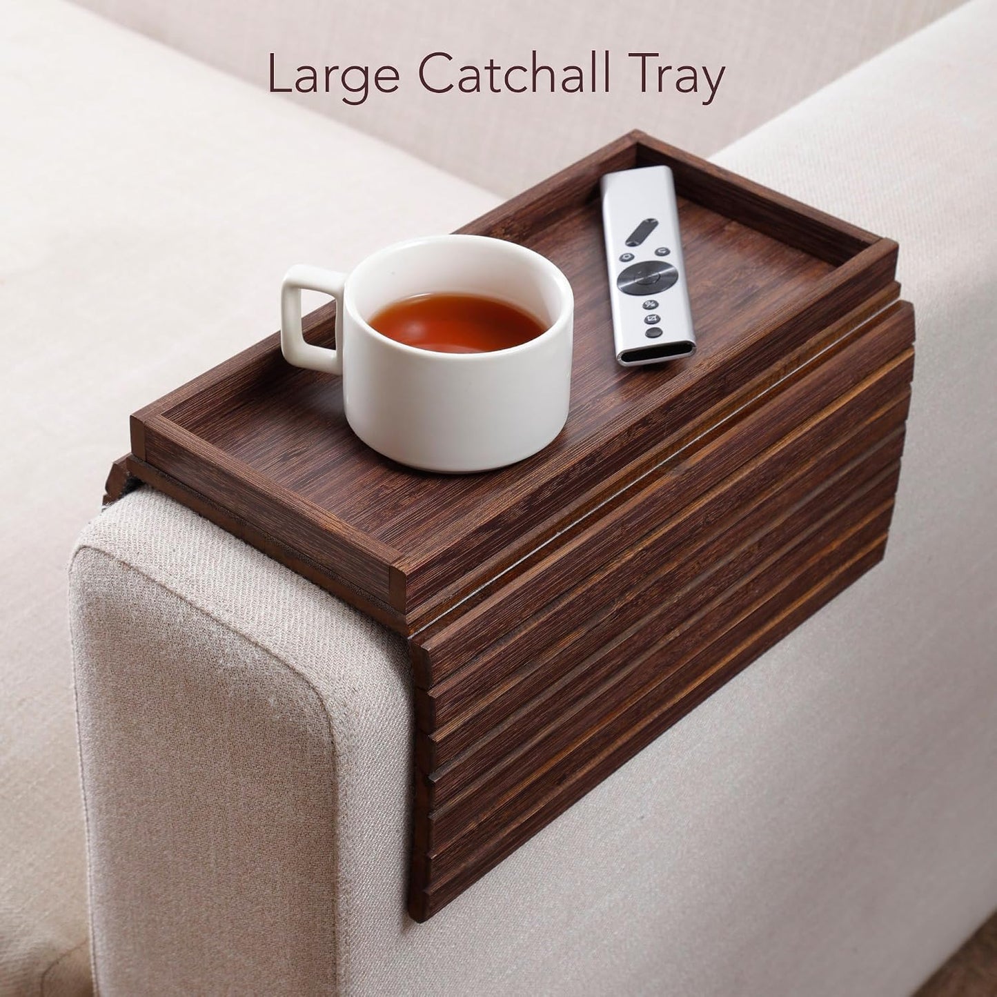 DETOR Couch Arm Tray with Spacious 12.4" x 5.4" Storage Box, Walnut Bamboo Finish, Enhanced Non-Slip Felt Bottom, Sturdy Bamboo Slats, Fits Armrests 6" and Wider
