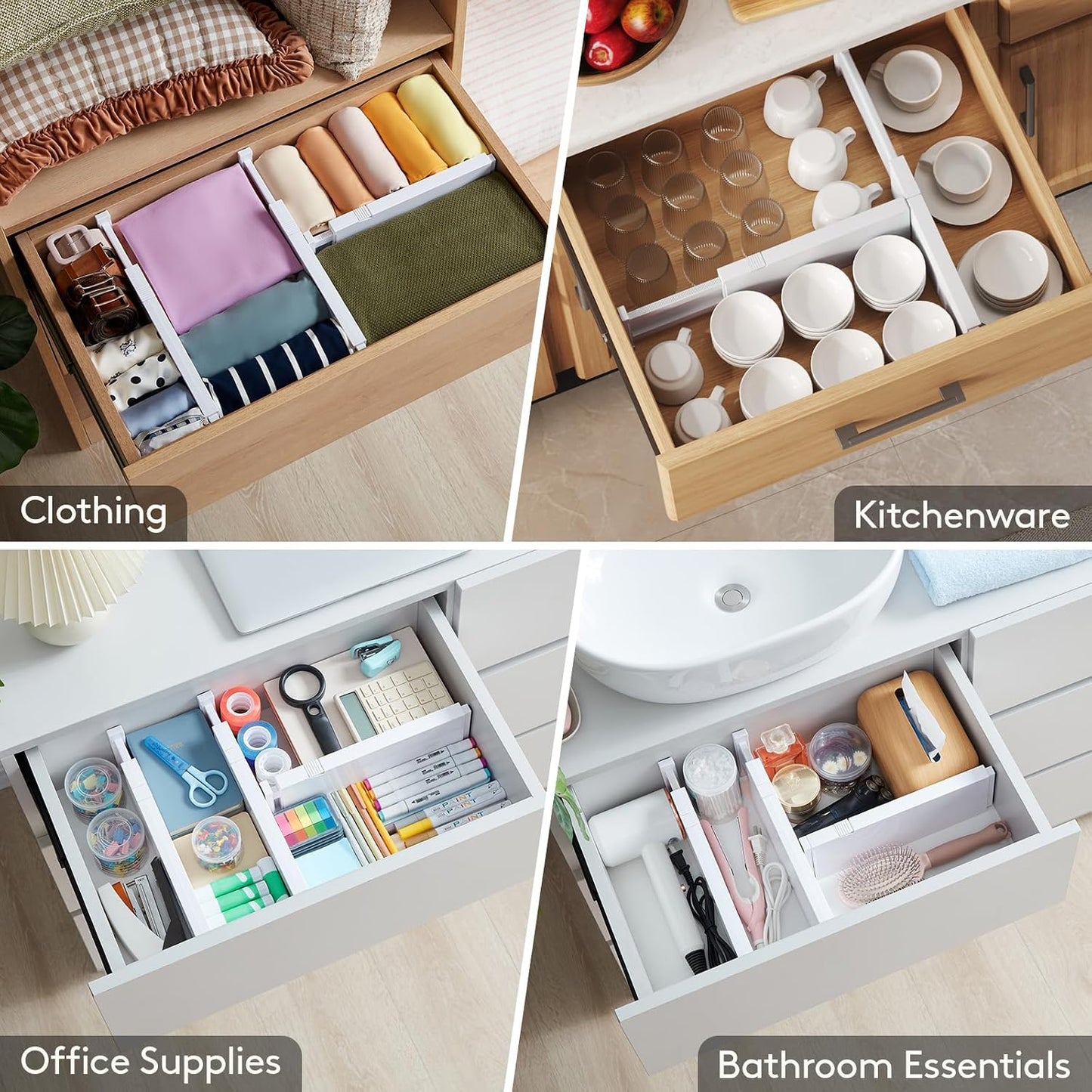 Lifewit 14 Pack Drawer Dividers for Clothes, 10.9-16" Adjustable Drawer Organizers, 4" High Plastic Expandable Drawer Separators in Bedroom/Office/Bathroom/Kitchen Storage, White | 14 Pack 11-17" Expandable White Plastic Drawer Separator for Dresser,