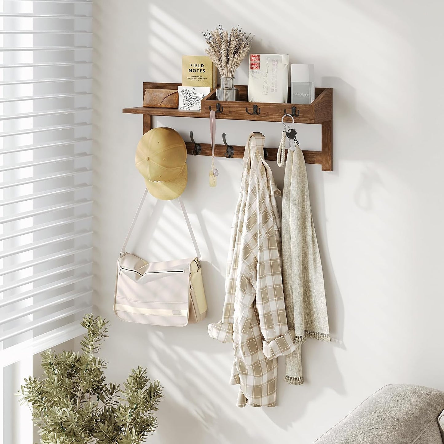 AMBIRD Wall Hooks with Shelf, 26.57 Inch Entryway Wood Coat Hooks for Wall with Shelf, Coat Rack Wall Mount with 5 Dual Hooks 3 Key Hooks Mail Organizer and Key Rack Holder (Brown)