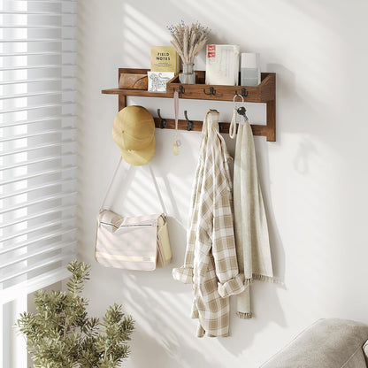 AMBIRD Wall Hooks with Shelf, 26.57 Inch Entryway Wood Coat Hooks for Wall with Shelf, Coat Rack Wall Mount with 5 Dual Hooks 3 Key Hooks Mail Organizer and Key Rack Holder (Brown)