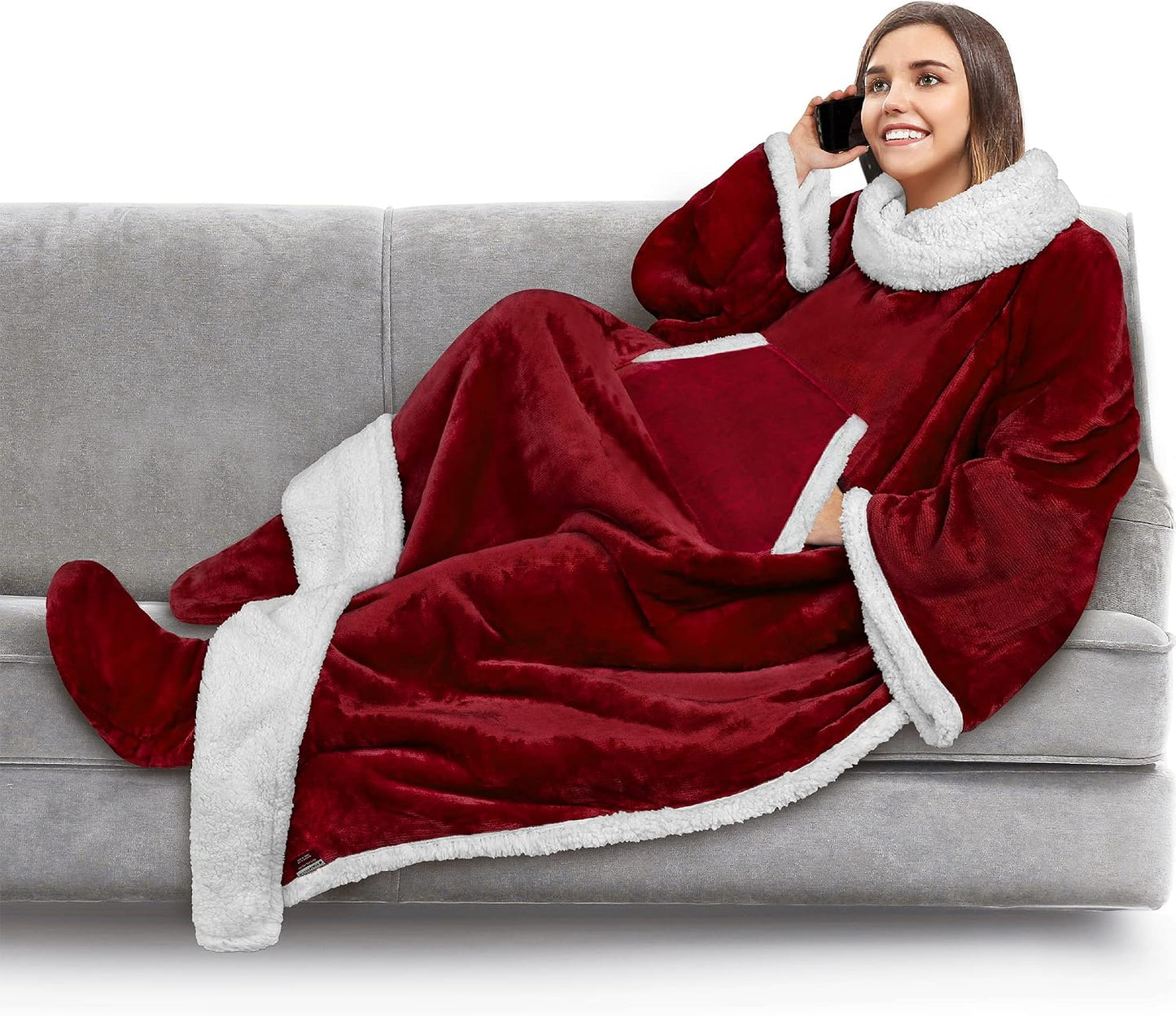 PAVILIA Fleece Blanket with Sleeves, Foot Pockets for Women Men Adults, Plush Wearable Blanket Throw Wrap, Warm Snuggle Blanket Robe, Cozy Gift Ideas Wife Mom, Dark Purple