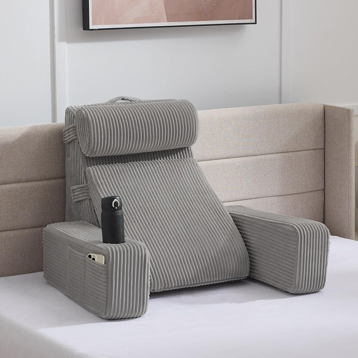 Reading Pillow for Sitting in Bed Adult, Back Pillow for Bed Sitting up with Arms, Pockets and Cup holder, Sit Up Backrest Pillows for Beds Chair Support, Rest Pillow for Gaming (Light gray)