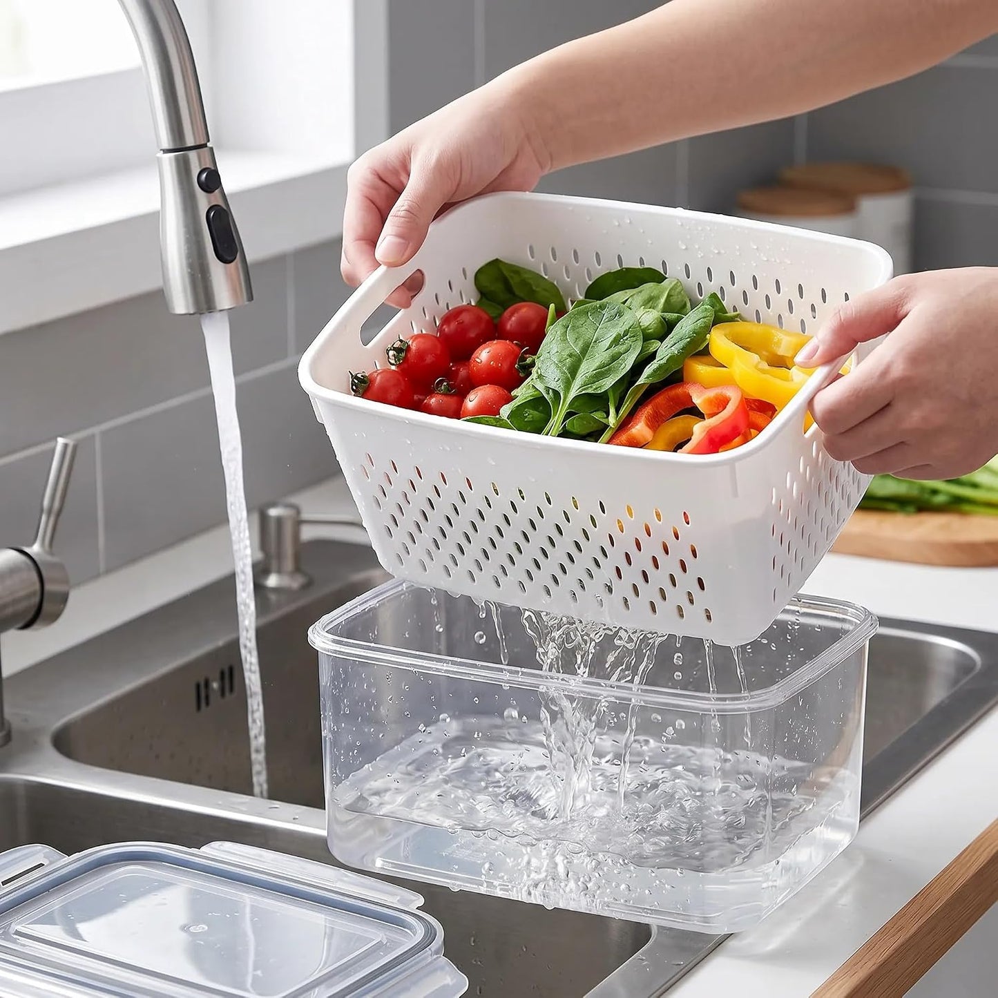 3-Pack BPA-Free Food Storage Containers with Lids & Removable Strainer – Airtight Fridge Organizer & Fresh Produce Keeper for Fruits, Vegetables & Meat, Dishwasher & Freezer Safe (0.85L, 1.75L, 3.3L)