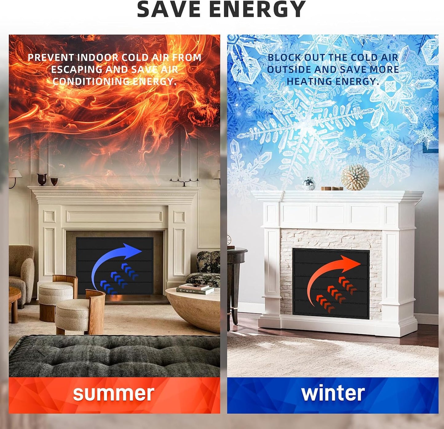 36"×27" Magnent Fireplace Cover,Fireplace Blocker Blanket for Stop Heat Loss and Save Enegry,Indoor Fireplace Draft Stopper with Built-in 12 Strong Magnet for Iron Fireplace Frame