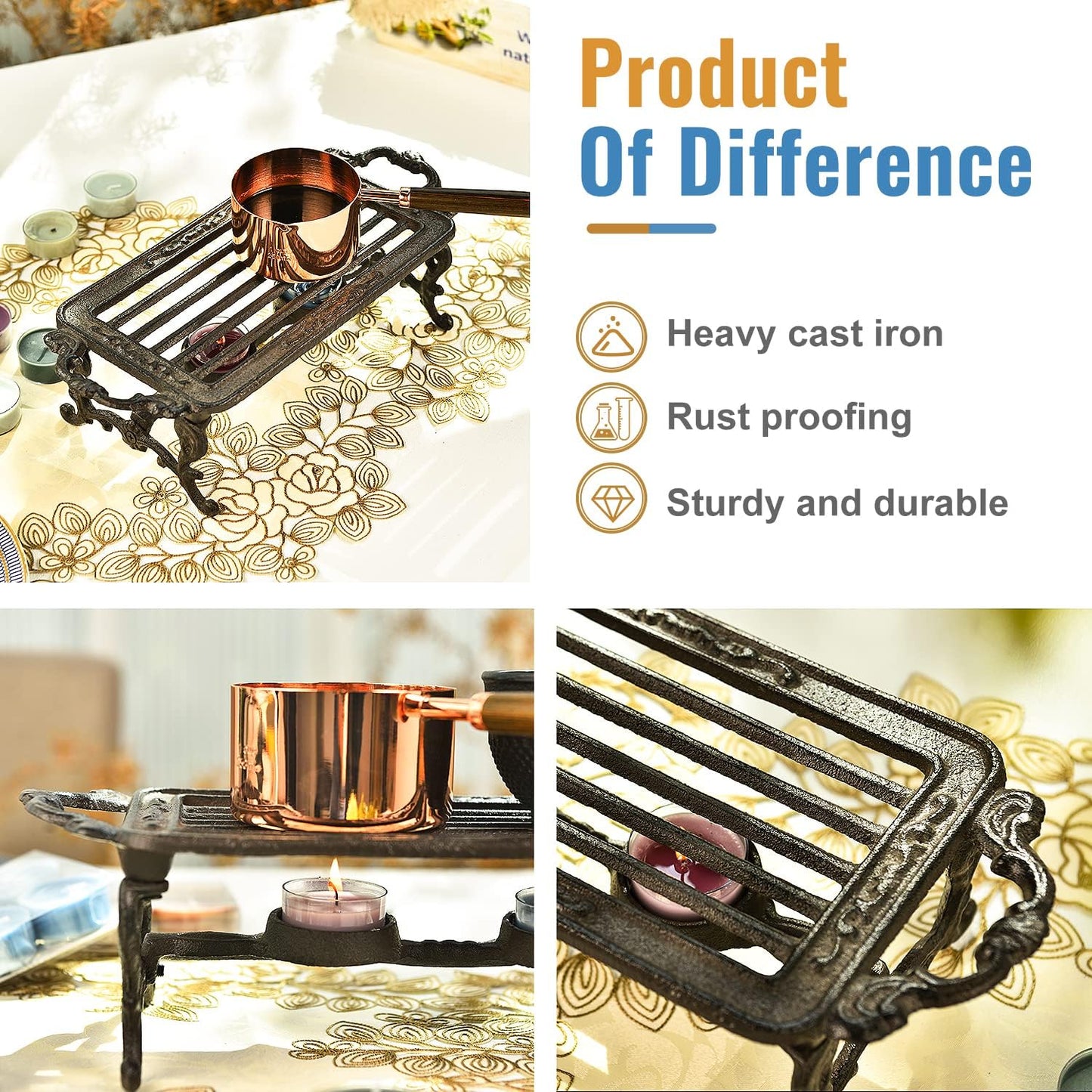 Sungmor Cast Iron Teapot Warmer - Rustic Design with Tealight Holder | Heavy Duty & Decorative Candle Holder Stands for Heat Food Coffee Milk or Tea