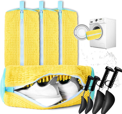 Shoe Washing Machine Bag, 4 Pcs Shoe Laundry Bag for Sneacker | With 4 Boot Stretcher (L 6-12.5 & S 5-10.5), Reusable,Durable Zipper,360°Deep Cleaning, Fit Most Shoes Types