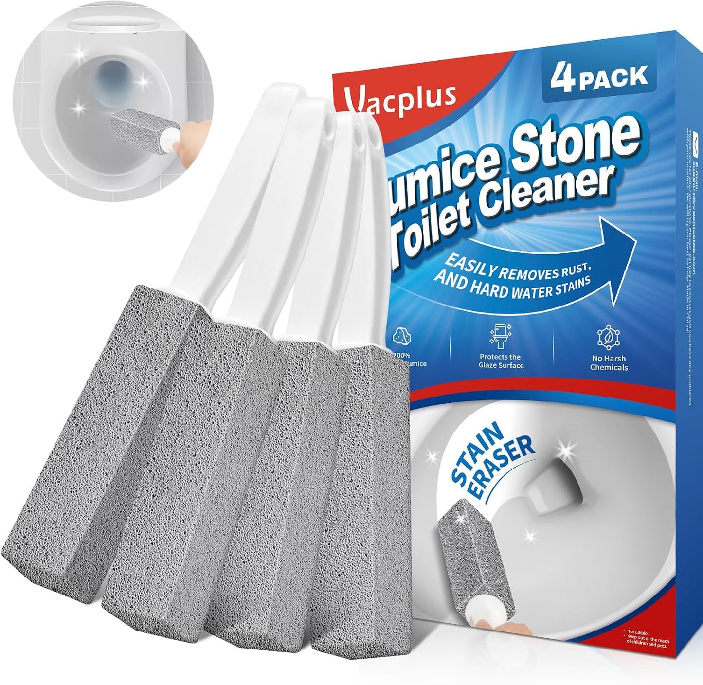 Vacplus Toilet Brush, 2 Pack, 100% Pumice Stone, Long Handle | Toilet Bowl Cleaner, Pool, Bathroom Sink, Removes Limescale Rust
