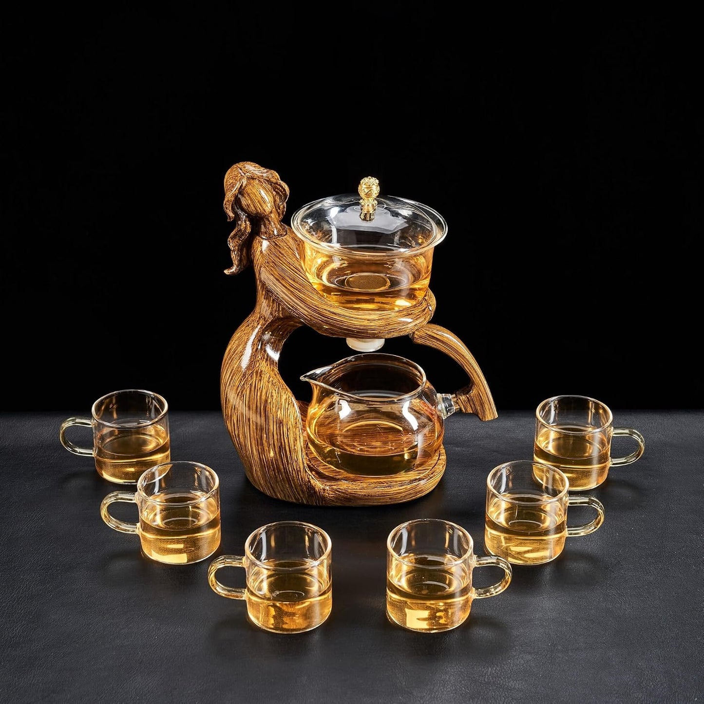 Glass Kungfu Teapot Set Tea maker with Infuser Semi Automatic Tea Set with 6 Small Cups (Red)