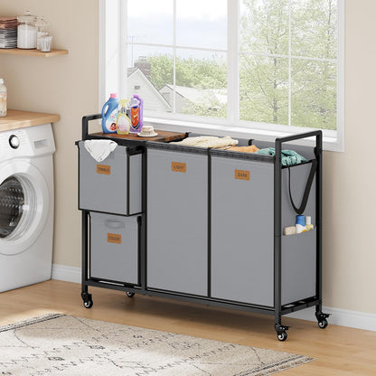 Hoctieon 4 Section Laundry Cart, 52.8 Gal. (200L) Laundry Hamper with Lid, Laundry Basket with Wheels, Rolling Laundry Sorter Organizer with Shelf, Clothes Separator with Removable Bags, Black