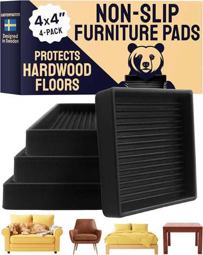 Non-Slip Furniture Pads - 4x4 in Brown, 4 Pack | Square rubber caster cups - anti-skid - Use for heavy sofas, beds & chairs on hardwood floors