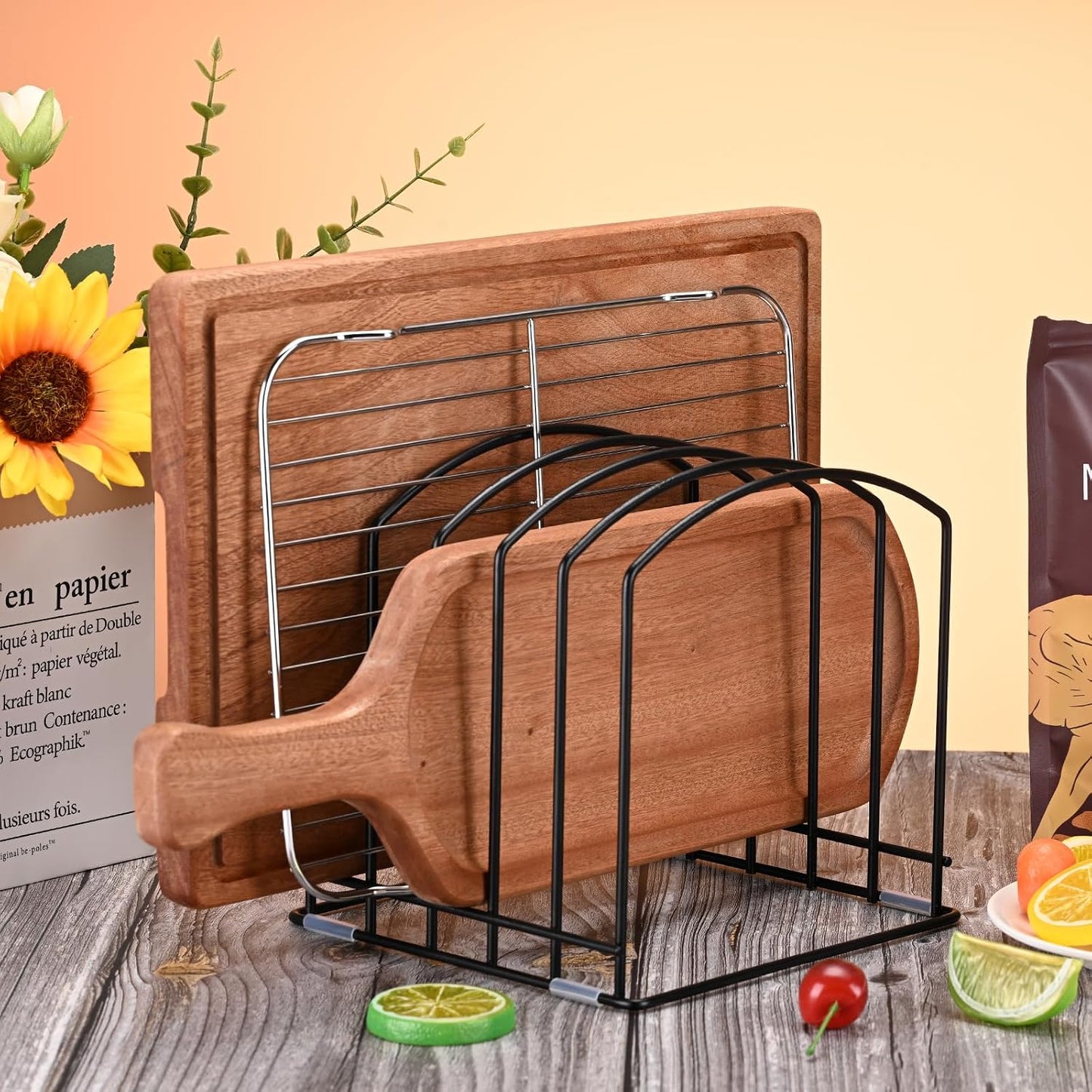 Cutting Board Organizer, Matte Black | Heavy Duty Rack, 2 Extra Wide (1.38") & 3 Narrow (0.78") Slots