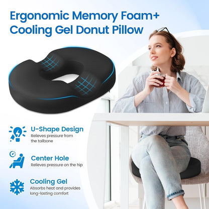 Donut Pillow Seat Cushion, Cooling Gel Memory Foam Chair Cushion, Black