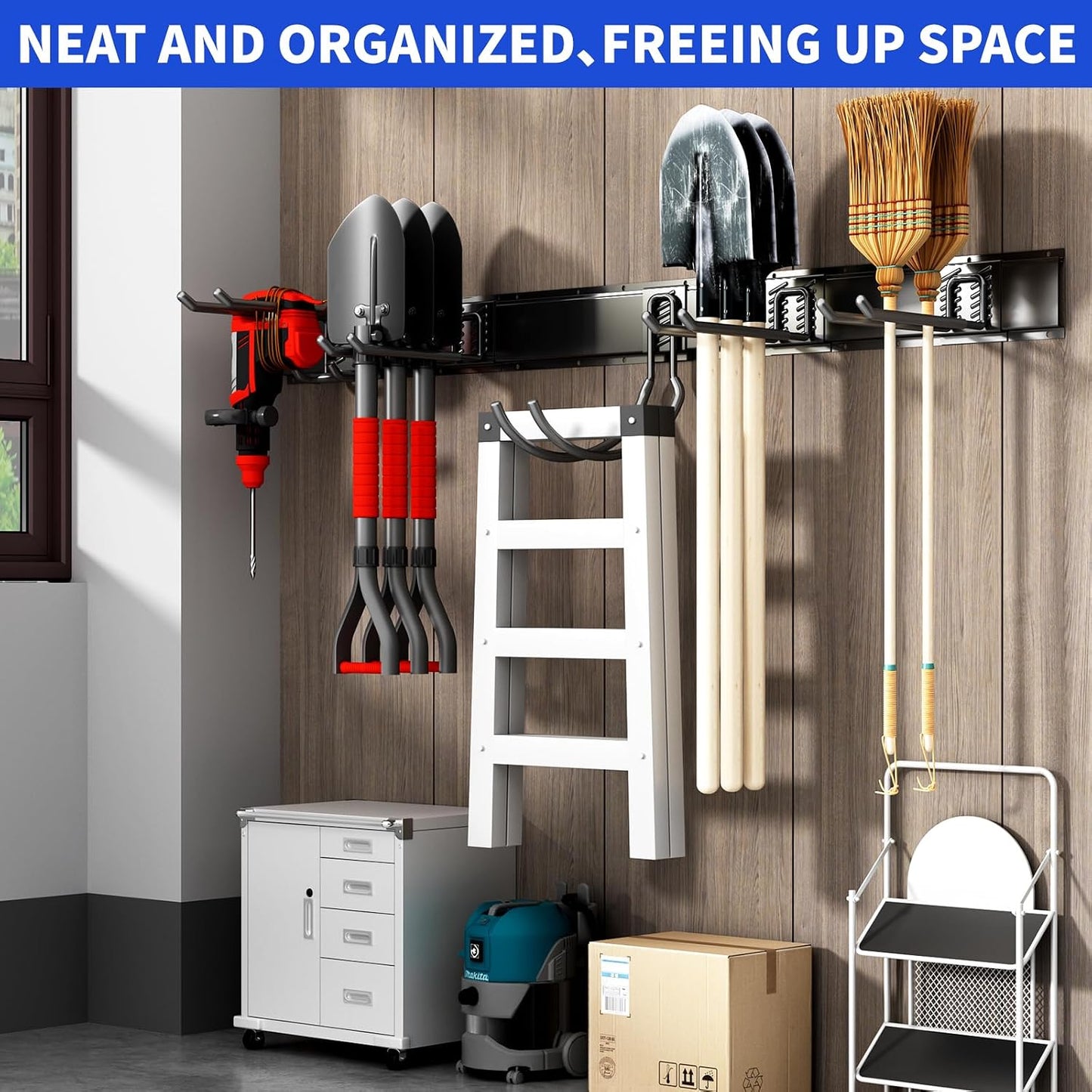 Garage Tool Organizer Wall Mount, 48 Inch Heavy Duty Garden Tool Organizer Storage System, Easy Install with 6 Adjustable Straight Hooks, for Garage, Basement, Shed, Workshop, Black, Steel