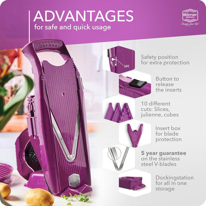 Mandoline Food Slicer Börner V5 (Profi Set) by Reston Lloyd • V-Slicer with 4 Inserts, Docking Station & Food Holder • Made in Germany • Fruit & Vegetable Chopper • Multiple Settings • Color: Lime
