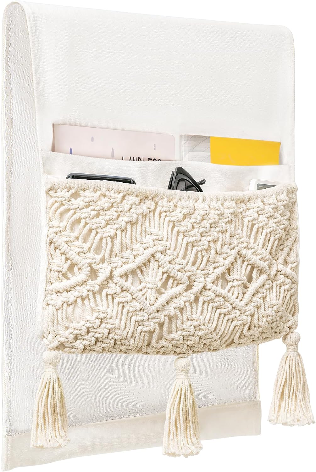Mkono Macrame Armchair Caddy, Boho Couch Armrest Organizer, 4 Pockets Beige | Large, Sofa Bedside Caddy, Remote Control Magazine Phone Holder, Living Room Bedroom Dorm, Boho Decor, Space-Saving Storage