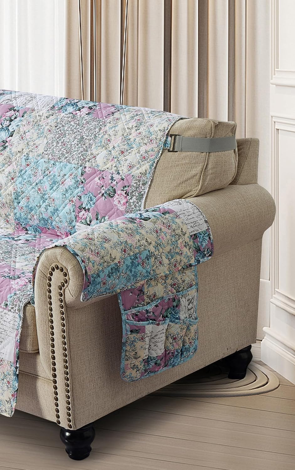 Brilliant Sunshine Burgundy Toile Floral Couch Armrest Cover, 35"×13" | Washable Magazine Holder, Armrest Organizer & Caddy on Sofa, Recliner, Armchair, Storage for Remote Controls, Phone, iPad