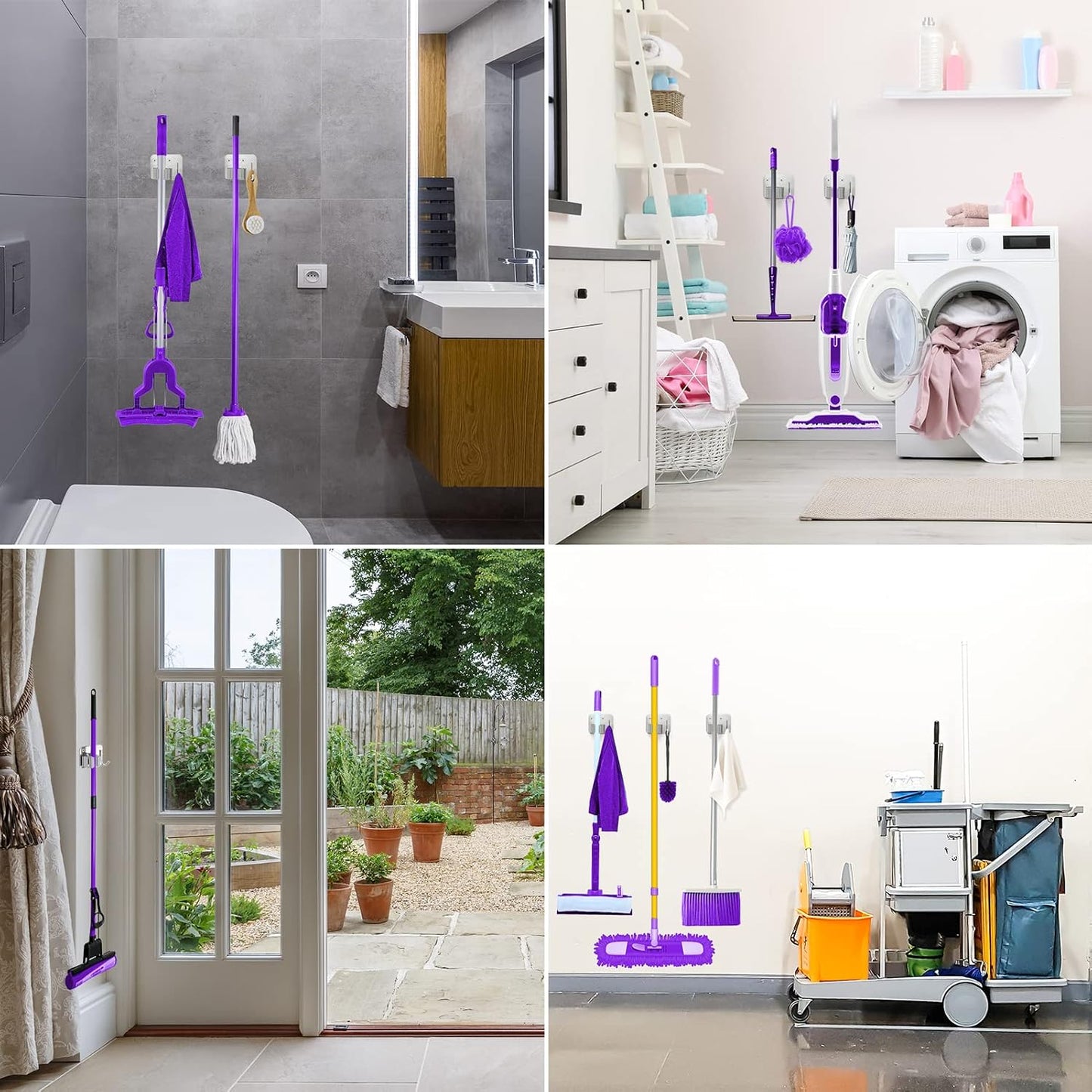 Stainless Steel Broom Holder, Heavy Duty, Rust Resistant, 4 Gripper Positions with 4 Hooks, Black | Drill-Mounted Gripper Rack Holds Brooms, Mops and Garden Tools Safely in the Laundry Room, Kitchen, Garage, Garden and Shed