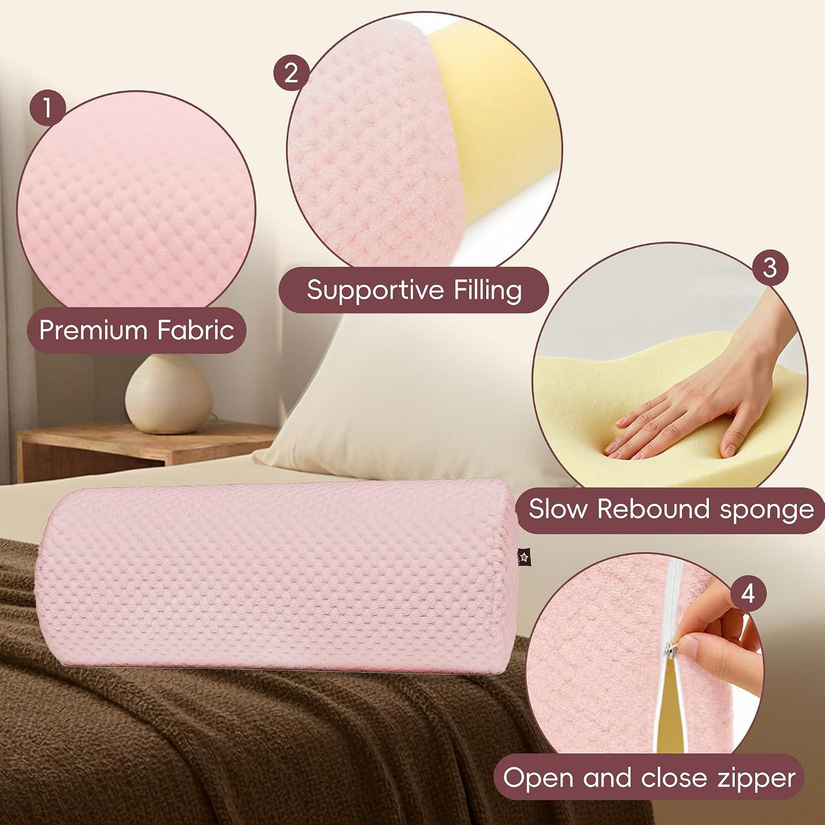 SPRING SEAON Half Moon Bolster Knee Pillow for Back Sleeping Memory Foam Leg Pillow for Ankle and Foot Comfort Under Knee Pillow for Side Sleepers Machine Washable Cover(17" x 7.5" x 4.3")
