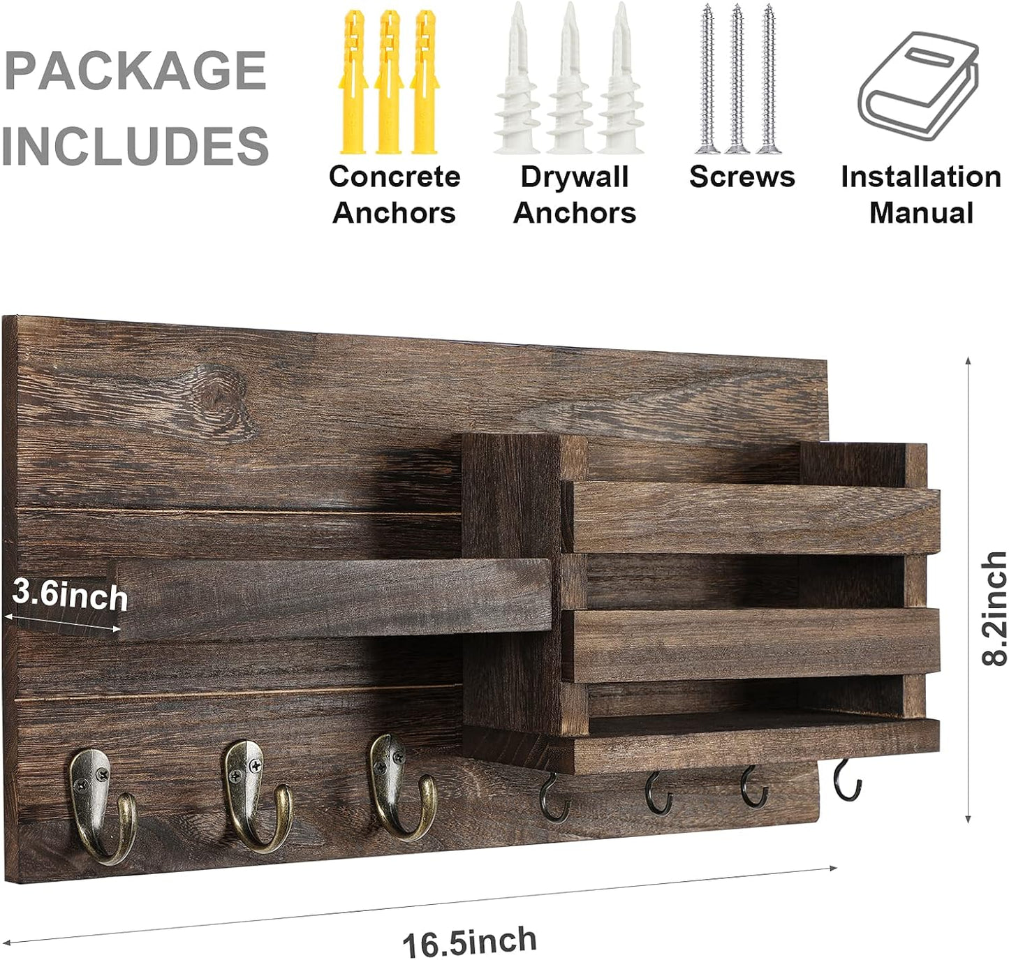 Lwenki Mail Organizer for Wall Mount – Key Holder with Shelf Includes Letter Holder and Hooks for Coats, Dog Leashes – Rustic Wood with Flush Mounting Hardware (16.5” x 8.7” x 3.5”)