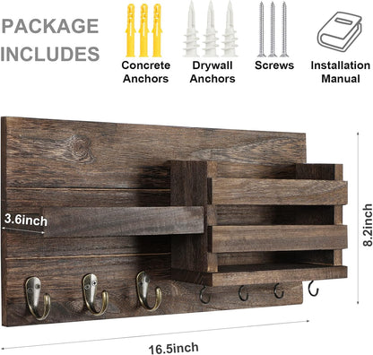 Lwenki Mail Organizer for Wall Mount – Key Holder with Shelf Includes Letter Holder and Hooks for Coats, Dog Leashes – Rustic Wood with Flush Mounting Hardware (16.5” x 8.7” x 3.5”)