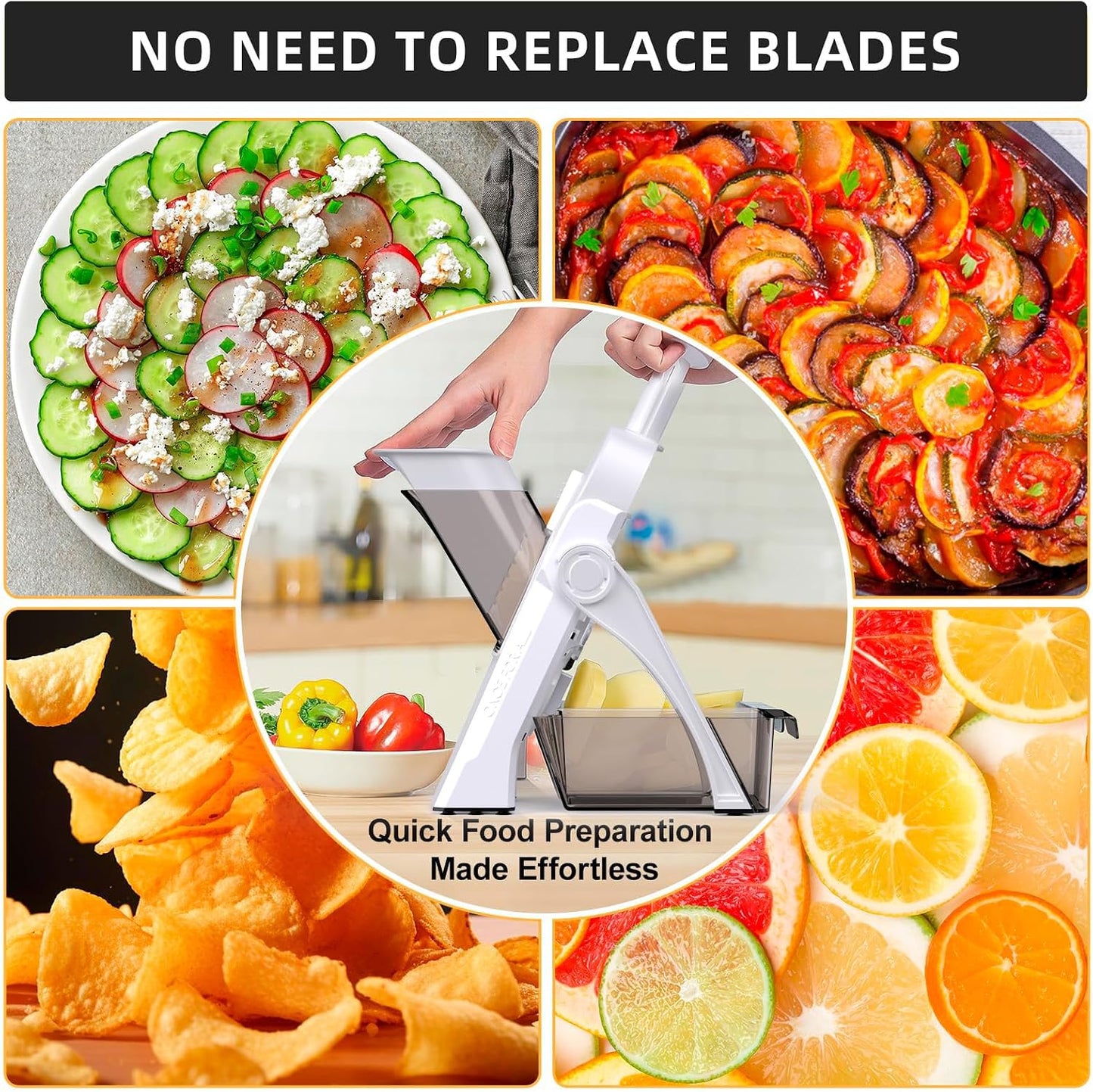 Jonscook All-in-1 Safe Mandoline Slicer for Kitchen, Vegetable Slicer with Container, Adjustable Veggie Mandoline, French Fry Cutter, Potato/Tomato/Onion Slicer, Grater/Cleaning Brush (Black Knight)