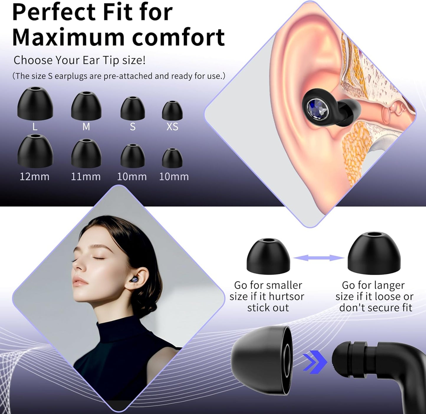 Ear Plugs for Sleeping Noise Cancelling Reusable Silicon Ear Plugs for Noise Reduction & Snoring, Concerts, Sider Sleepers Airplane Earplugs with 8 Ear Tips and Small Box Silicone Earplugs (Black)