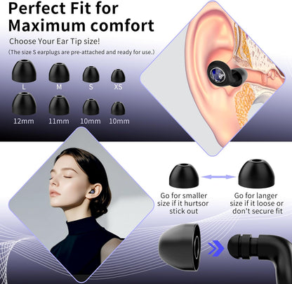 Ear Plugs for Sleeping Noise Cancelling Reusable Silicon Ear Plugs for Noise Reduction & Snoring, Concerts, Sider Sleepers Airplane Earplugs with 8 Ear Tips and Small Box Silicone Earplugs (Black)
